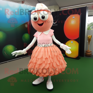 Peach Golf Ball mascot costume character dressed with a Midi Dress and Bracelet watches