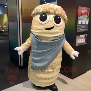 Beige Sushi mascot costume character dressed with a Chambray Shirt and Wraps