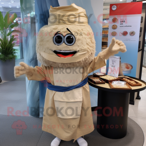 Beige Sushi mascot costume character dressed with a Chambray Shirt and Wraps