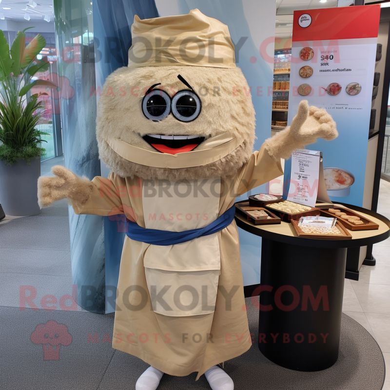 Beige Sushi mascot costume character dressed with a Chambray Shirt and Wraps Beige Sushi mascot costume character dressed with a Chambray Shirt and Wraps