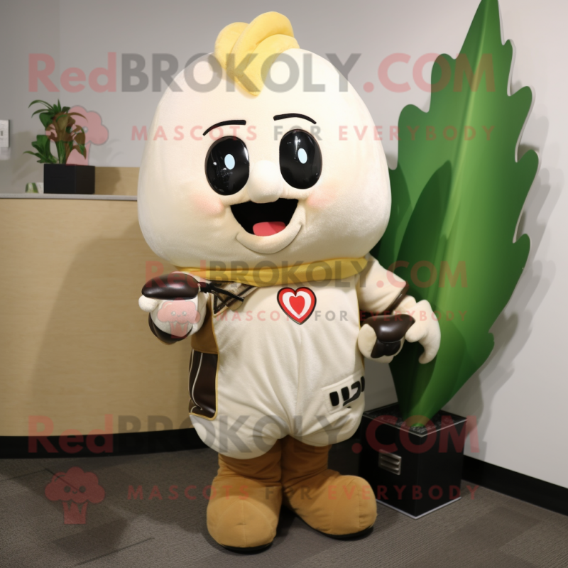 Cream Turnip mascot costume character dressed with a Moto Jacket and Keychains