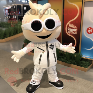 Cream Turnip mascot costume character dressed with a Moto Jacket and Keychains