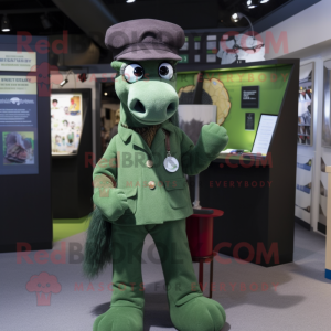 Green Mare mascot costume character dressed with a Cardigan and Berets