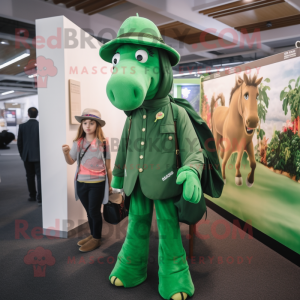 Green Mare mascot costume character dressed with a Cardigan and Berets