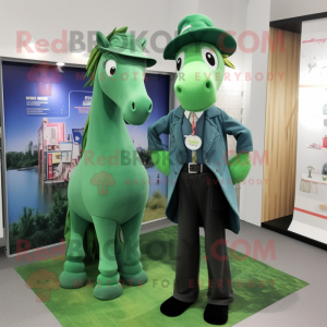 Green Mare mascot costume character dressed with a Cardigan and Berets