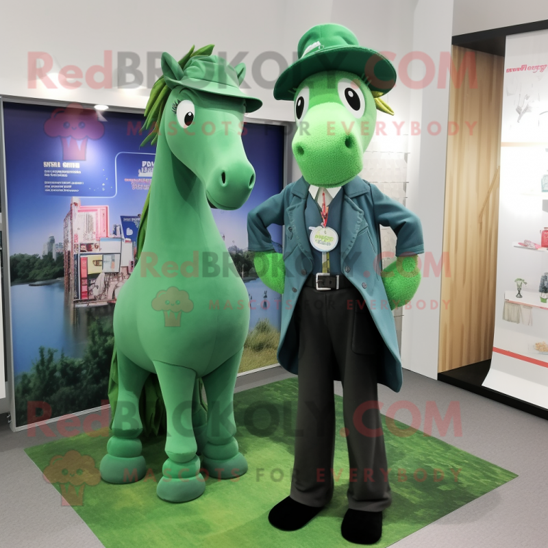 Green Mare mascot costume character dressed with a Cardigan and Berets Green Mare mascot costume character dressed with a Cardigan and Berets