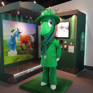 Green Mare mascot costume character dressed with a Cardigan and Berets