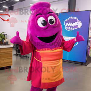 Magenta Fajitas mascot costume character dressed with a Maxi Dress and Mittens