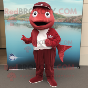 Maroon Salmon mascot costume character dressed with a Capri Pants and Tie pins