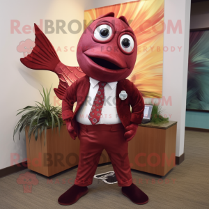 Maroon Salmon mascot costume character dressed with a Capri Pants and Tie pins
