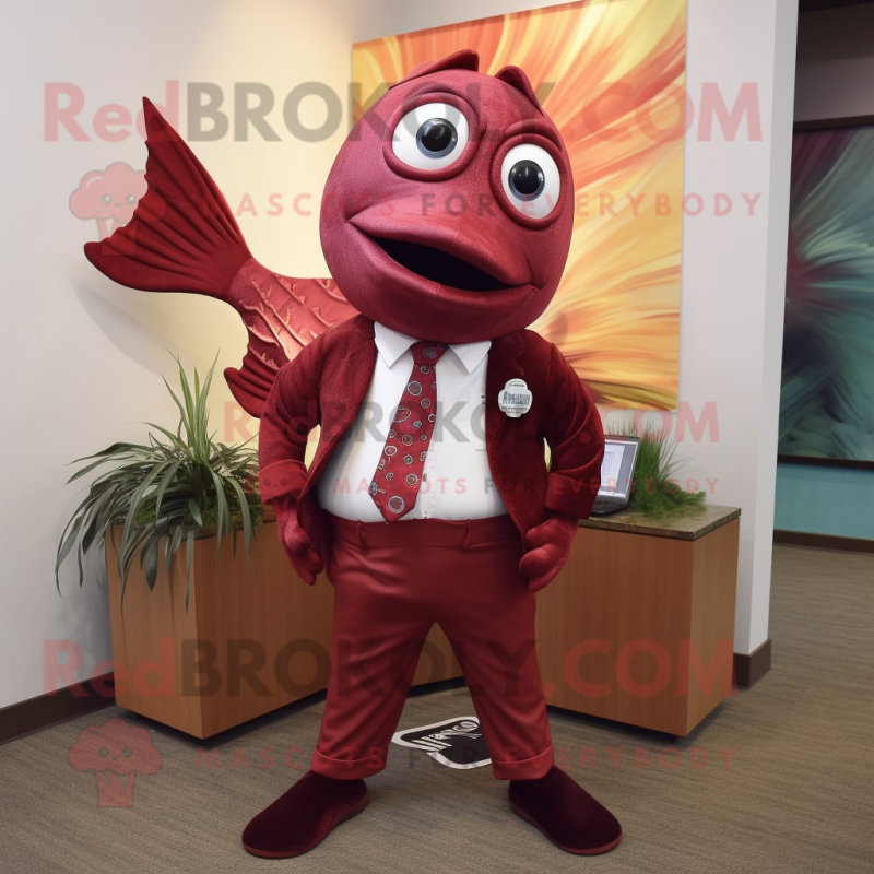 Maroon Salmon mascot costume character dressed with a Capri Pants and Tie  pins