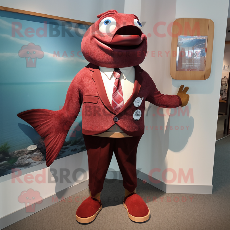 Maroon Salmon mascot costume character dressed with a Capri Pants and Tie pins