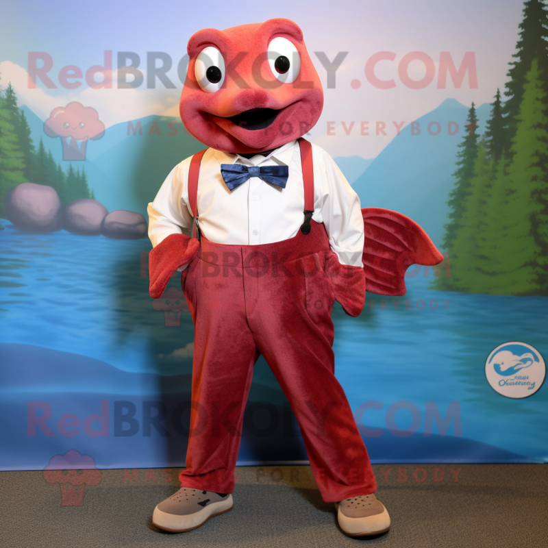 Maroon Salmon mascot costume character dressed with a Capri Pants and Tie pins