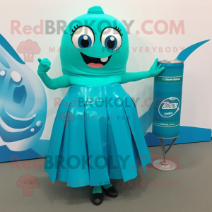 Turquoise Soda Can mascot costume character dressed with a Skirt and Clutch bags