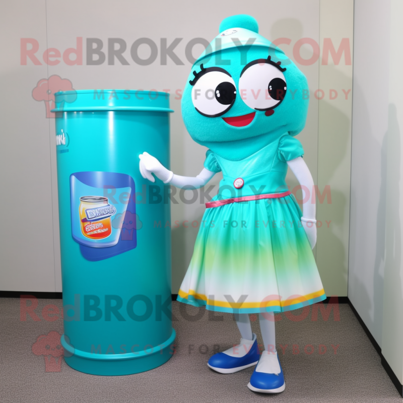 Turquoise Soda Can mascot costume character dressed with a Skirt and Clutch bags Turquoise Soda Can mascot costume character dressed with a Skirt and Clutch bags