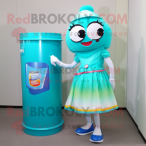 Turquoise Soda Can mascot costume character dressed with a Skirt and Clutch bags