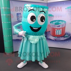 Turquoise Soda Can mascot costume character dressed with a Skirt and Clutch bags