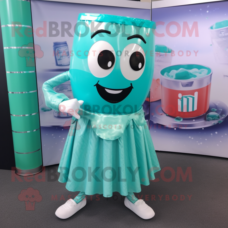 Turquoise Soda Can mascot costume character dressed with a Skirt and Clutch bags Turquoise Soda Can mascot costume character dressed with a Skirt and Clutch bags