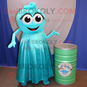 Turquoise Soda Can mascot costume character dressed with a Skirt and Clutch bags