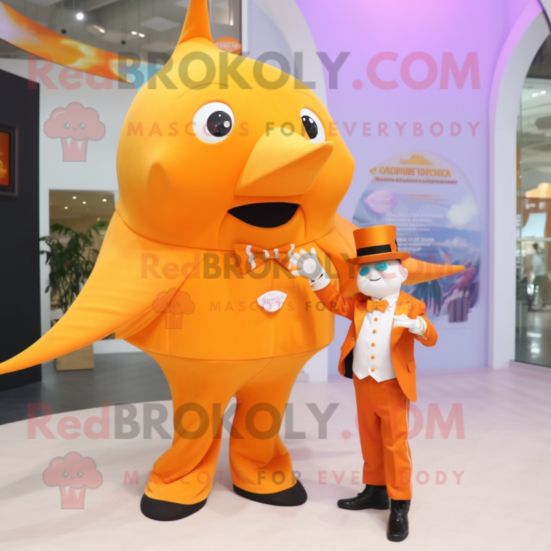 Orange Stingray mascot costume character dressed with a Waistcoat and Watches Orange Stingray mascot costume character dressed with a Waistcoat and Watches