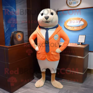 Peach Seal mascot costume character dressed with a Blazer and Belts