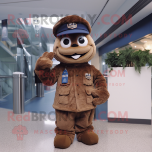 Brown Navy Soldier mascot costume character dressed with a Sweater and Caps
