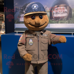 Brown Navy Soldier mascot costume character dressed with a Sweater and Caps