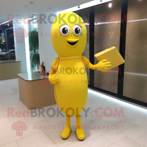 Yellow Aglet mascot costume character dressed with a Sheath Dress and Clutch bags