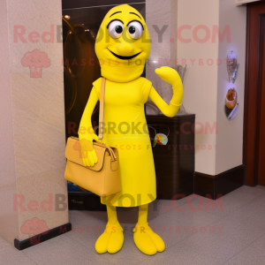 Yellow Aglet mascot costume character dressed with a Sheath Dress and Clutch bags