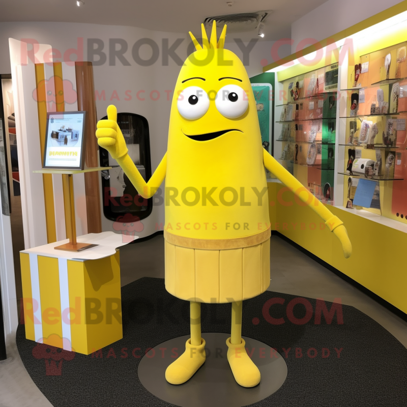 Yellow Aglet mascot costume character dressed with a Sheath Dress and Clutch bags Yellow Aglet mascot costume character dressed with a Sheath Dress and Clutch bags