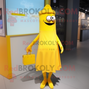 Yellow Aglet mascot costume character dressed with a Sheath Dress and Clutch bags