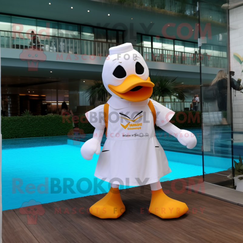 White Duck mascot costume character dressed with a Swimwear and Pocket squares White Duck mascot costume character dressed with a Swimwear and Pocket squares