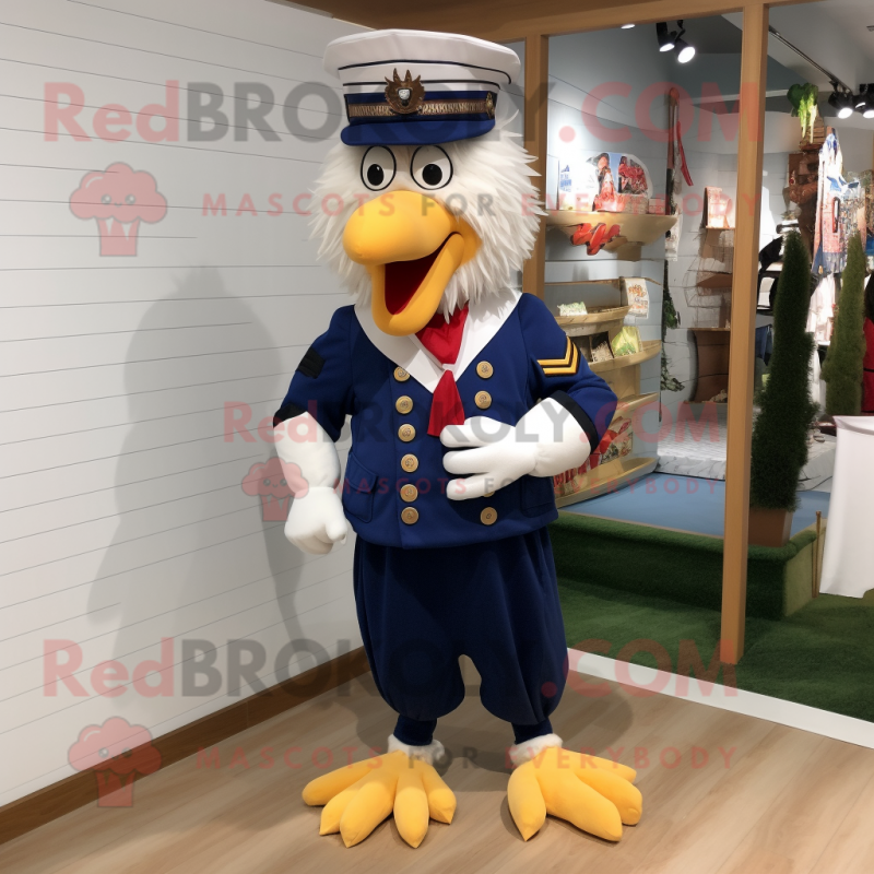 Navy Rooster mascot costume character dressed with a Romper and Keychains Navy Rooster mascot costume character dressed with a Romper and Keychains