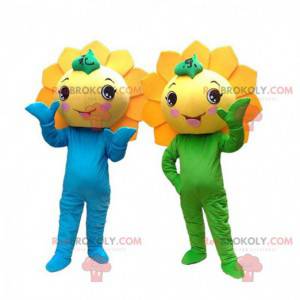 2 maskotar av gula blommor, dräkter av jätte solrosor -