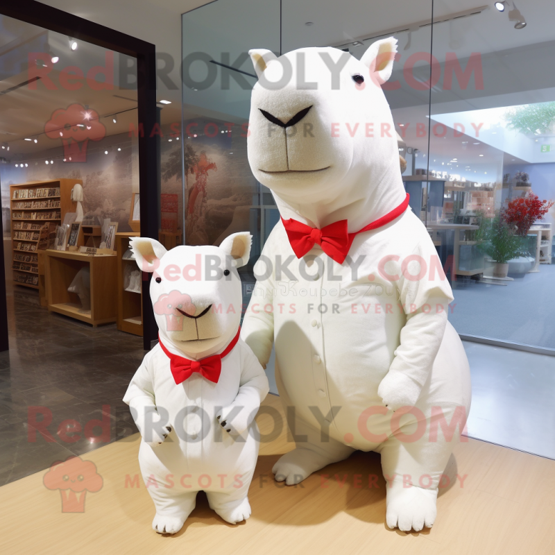 White Capybara mascot costume character dressed with a Mom Jeans and Bow ties White Capybara mascot costume character dressed with a Mom Jeans and Bow ties