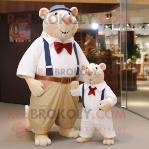 White Capybara mascot costume character dressed with a Mom Jeans and Bow ties