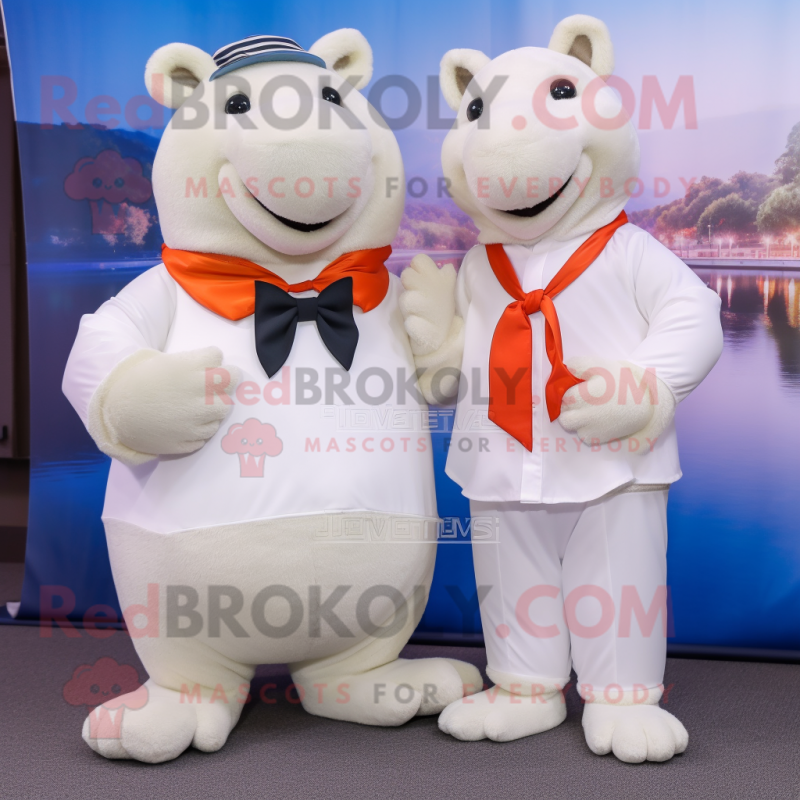 White Capybara mascot costume character dressed with a Mom Jeans and Bow ties