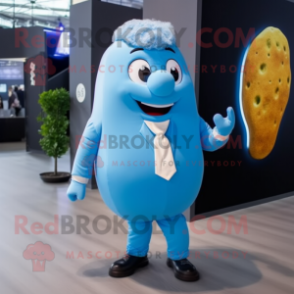 Sky Blue Potato mascot costume character dressed with a Suit Jacket and Anklets