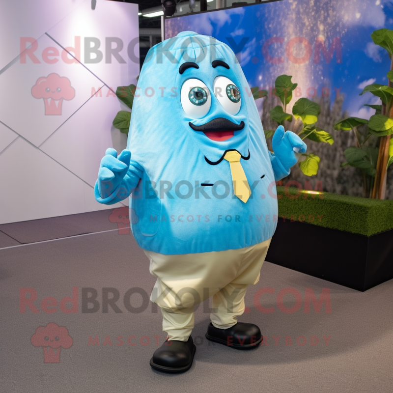 Sky Blue Potato mascot costume character dressed with a Suit Jacket and Anklets