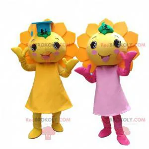 2 mascots of yellow flowers, costumes of giant sunflowers -