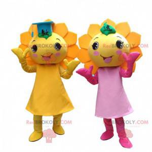 2 mascottes de fleurs jaunes, costumes de tournesols géants -