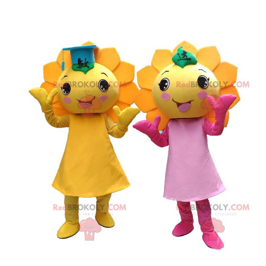 2 mascotes de flores amarelas, fantasias de girassóis gigantes