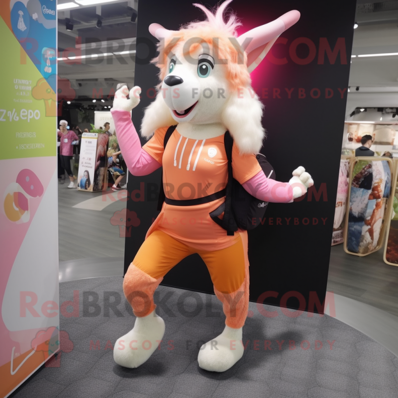 Peach Goat mascot costume character dressed with a Yoga Pants and Backpacks