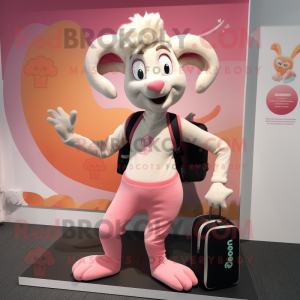 Peach Goat mascot costume character dressed with a Yoga Pants and Backpacks