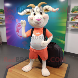 Peach Goat mascot costume character dressed with a Yoga Pants and Backpacks