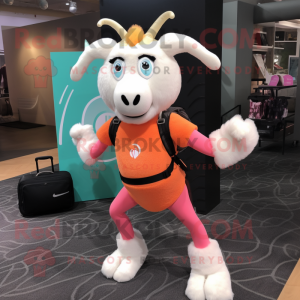 Peach Goat mascot costume character dressed with a Yoga Pants and Backpacks