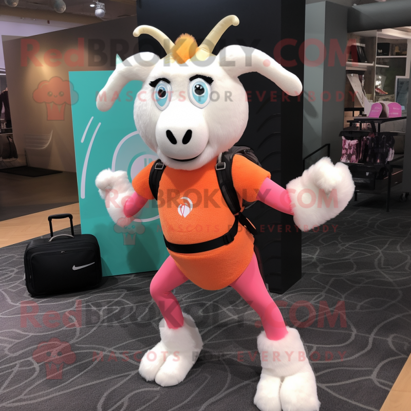 Peach Goat mascot costume character dressed with a Yoga Pants and Backpacks Peach Goat mascot costume character dressed with a Yoga Pants and Backpacks