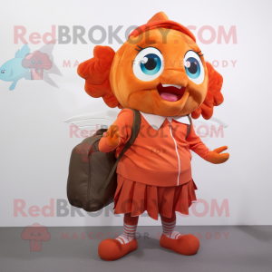 Rust Goldfish mascot costume character dressed with a A-Line Skirt and Backpacks