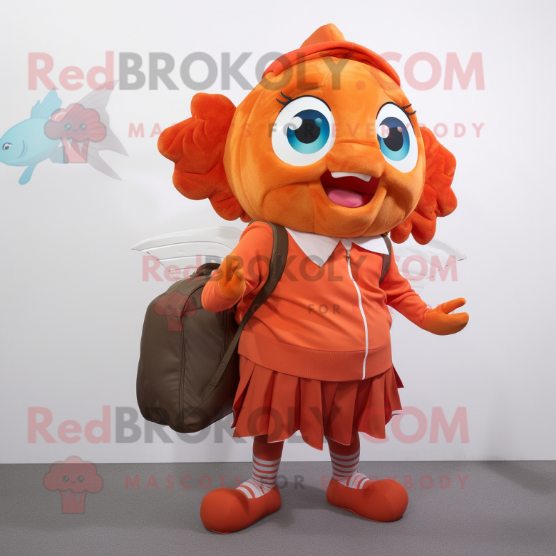 Rust Goldfish mascot costume character dressed with a A-Line Skirt and Backpacks Rust Goldfish mascot costume character dressed with a A-Line Skirt and Backpacks