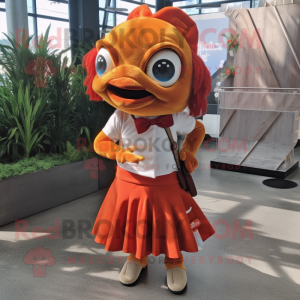 Rust Goldfish mascot costume character dressed with a A-Line Skirt and Backpacks